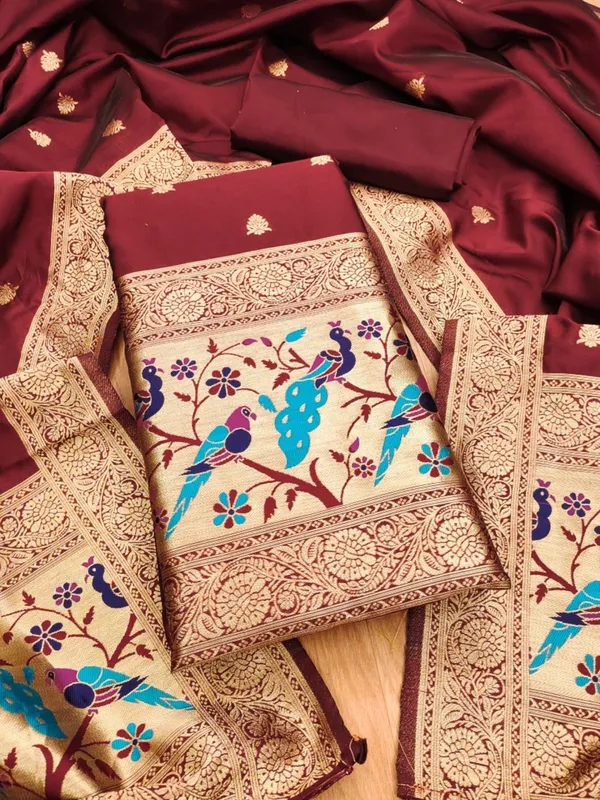 Maroon_Soft_Litchi_Banarasi_Silk_Weaving_Unstitched_Kurta_Set_For_Women