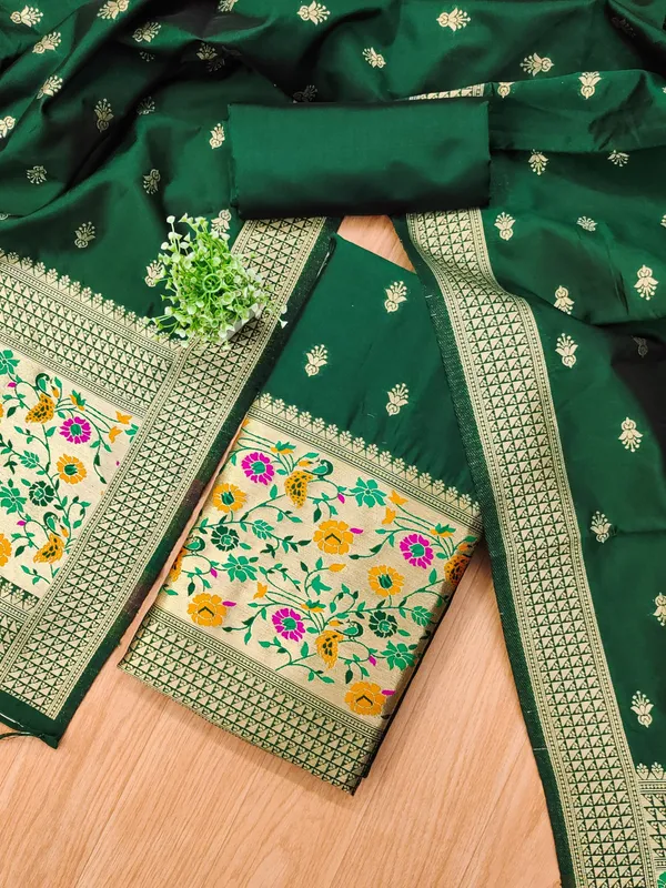 Bottle_Green_Soft_Litchi_Banarasi_Silk_Weaving_Unstitched_Kurta_Set_For_Women