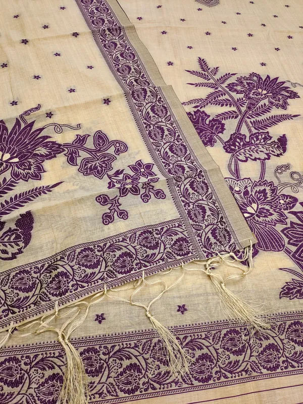 Cream_Jamdani_Banarasi_Cotton_Weaving_Unstitched_Kurta_Set_For_Women