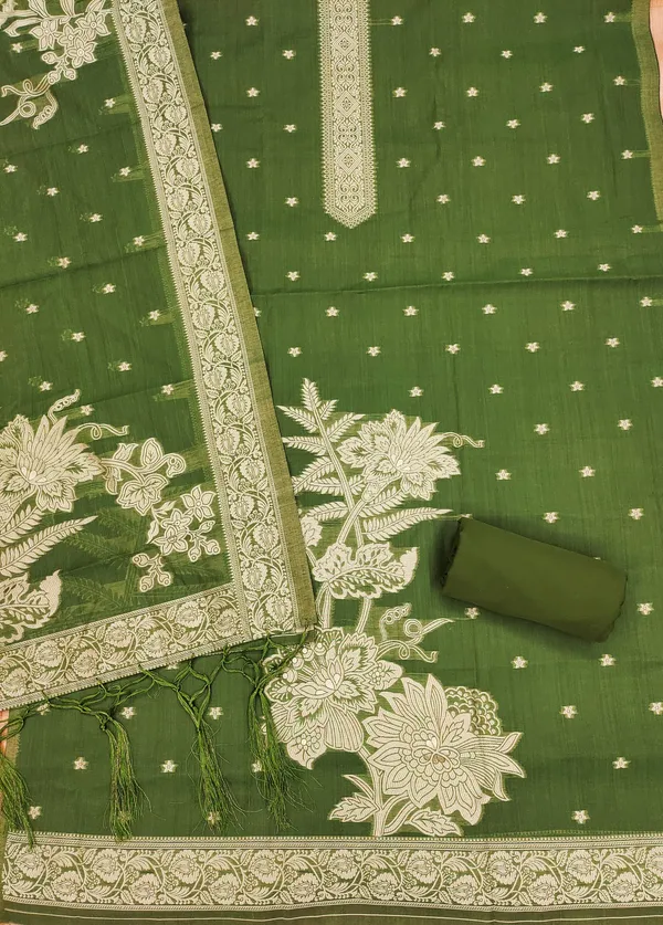 Mehendi_Jamdani_Banarasi_Cotton_Weaving_Unstitched_Kurta_Set_For_Women
