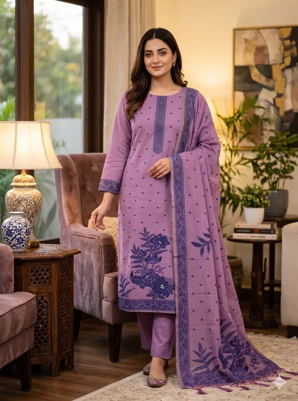 Purple_Jamdani_Banarasi_Cotton_Weaving_Unstitched_Kurta_Set_For_Women