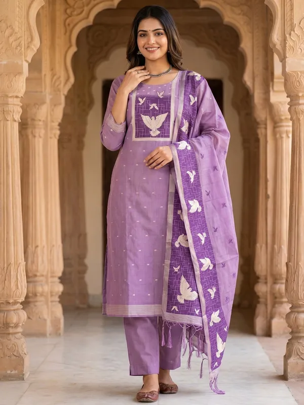 Purple_Jamdani_Banarasi_Cotton_Weaving_Unstitched_Kurta_Set_For_Women
