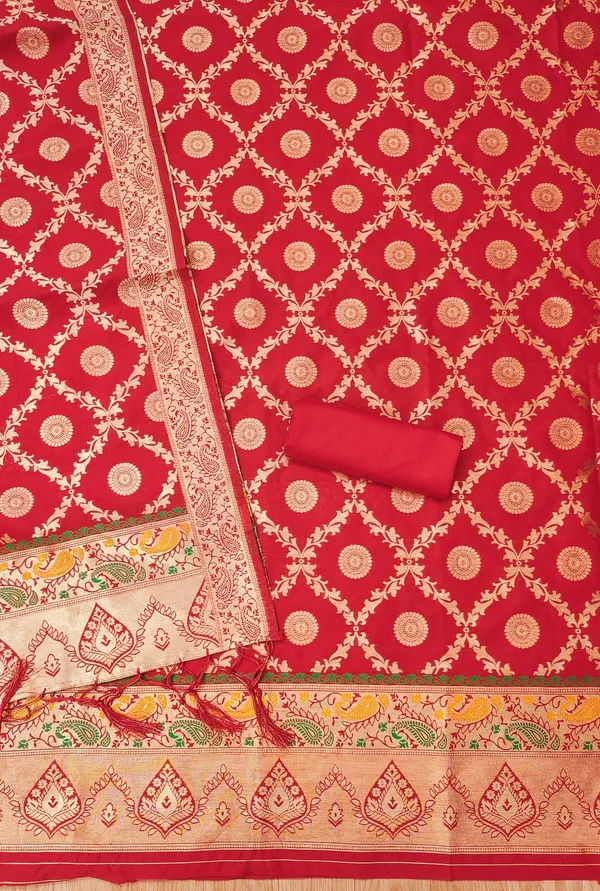 Red_Soft_Litchi_Banarasi_Silk_Weaving_Unstitched_Kurta_Set_For_Women