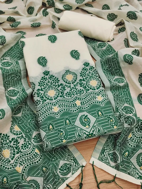 Bottle_Green_Handloom_Banarasi_Cotton_Weaving_Unstitched_Kurta_Set_For_Women