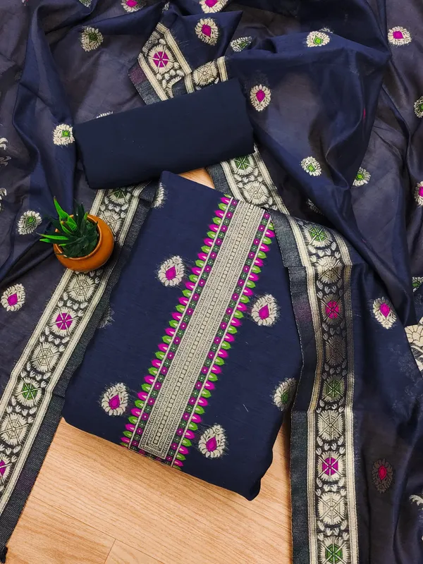 Navy_Blue_Chanderi_Banarasi_Cotton_Weaving_Unstitched_Kurta_Set_For_Women