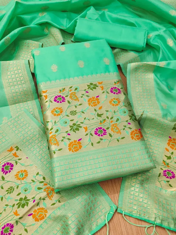 Sea_Green_Soft_Litchi_Banarasi_Silk_Weaving_Unstitched_Kurta_Set_For_Women
