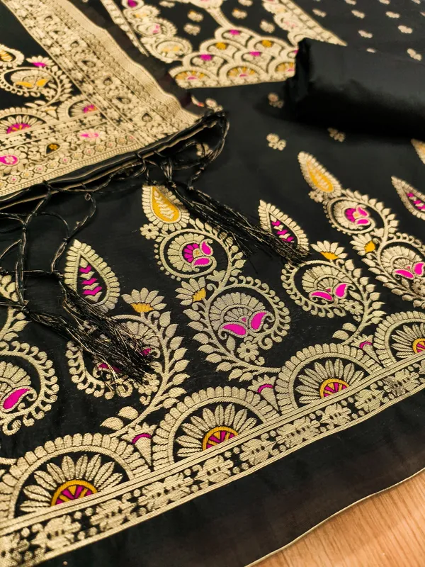 Black_Soft_Litchi_Banarasi_Silk_Weaving_Unstitched_Kurta_Set_For_Women