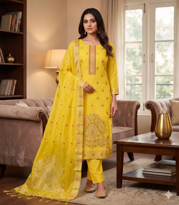 Yellow_Chanderi_Banarasi_Cotton_Weaving_Unstitched_Kurta_Set_For_Women