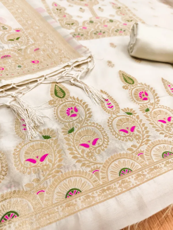 White_Soft_Litchi_Banarasi_Silk_Weaving_Unstitched_Kurta_Set_For_Women