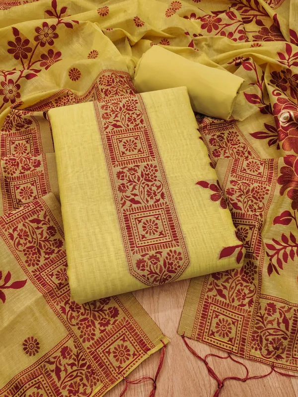 Yellow_Jamdani_Banarasi_Cotton_Weaving_Unstitched_Kurta_Set_For_Women
