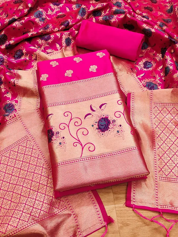 Rani_Pink_Soft_Litchi_Banarasi_Silk_Weaving_Unstitched_Kurta_Set_For_Women