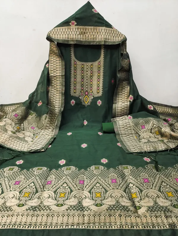 Bottle_Green_Chanderi_Banarasi_Cotton_Weaving_Unstitched_Kurta_Set_For_Women