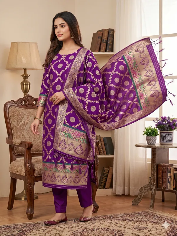 Purple_Soft_Litchi_Banarasi_Silk_Weaving_Unstitched_Kurta_Set_For_Women