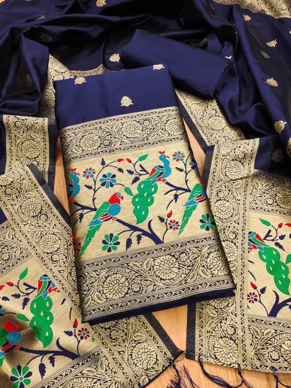 Navy_Blue_Soft_Litchi_Banarasi_Silk_Weaving_Unstitched_Kurta_Set_For_Women