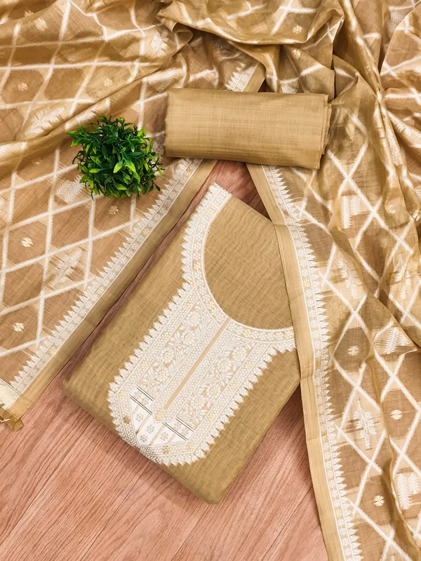 Cream_Jamdani_Banarasi_Cotton_Weaving_Unstitched_Kurta_Set_For_Women