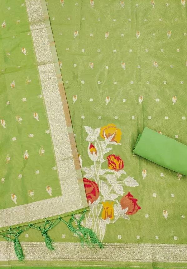 Green_Shimmer_Banarasi_Silk_Weaving_Unstitched_Kurta_Set_For_Women