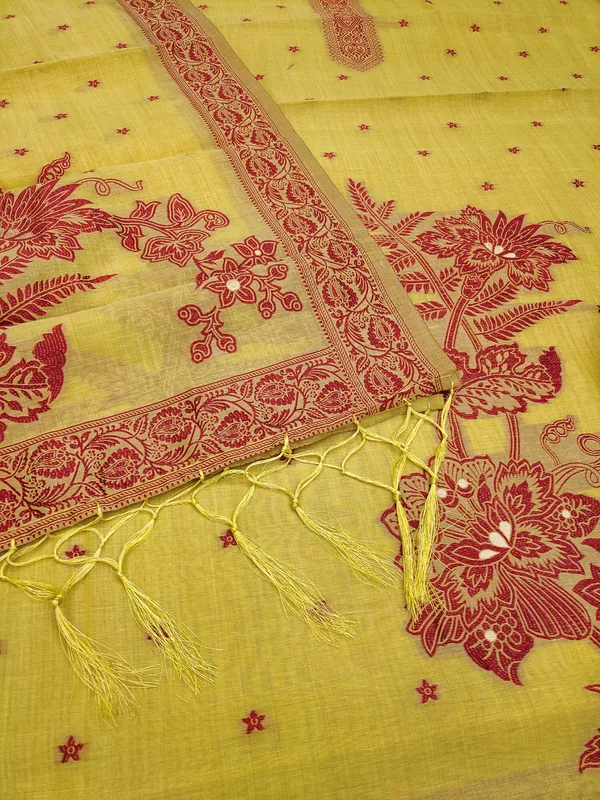 Yellow_Jamdani_Banarasi_Cotton_Weaving_Unstitched_Kurta_Set_For_Women