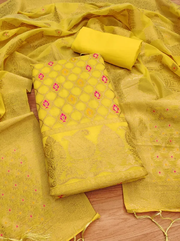 Yellow_Chanderi_Banarasi_Cotton_Weaving_Unstitched_Kurta_Set_For_Women