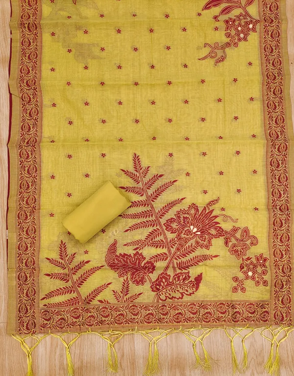 Yellow_Jamdani_Banarasi_Cotton_Weaving_Unstitched_Kurta_Set_For_Women