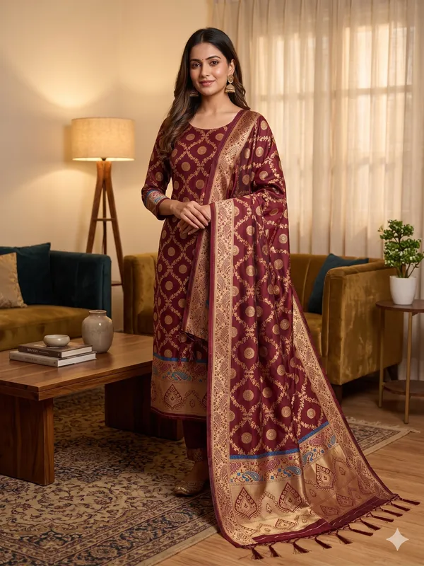 Maroon_Soft_Litchi_Banarasi_Silk_Weaving_Unstitched_Kurta_Set_For_Women