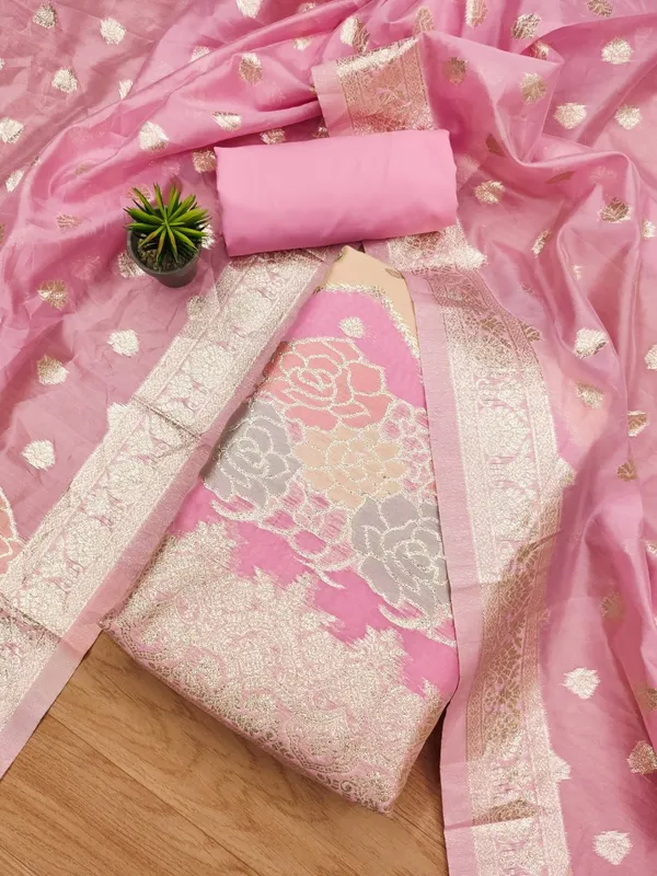 Pink_Organza_Banarasi_Silk_Weaving_Unstitched_Kurta_Set_For_Women