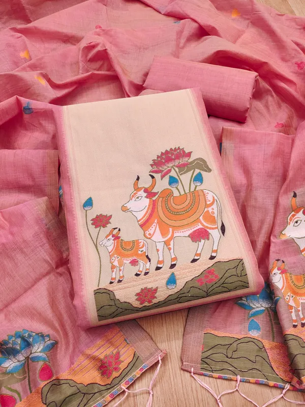 Pink_Jamdani_Banarasi_Cotton_Weaving_Unstitched_Kurta_Set_For_Women