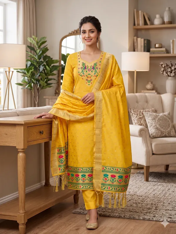 Yellow_Soft_Litchi_Banarasi_Silk_Weaving_Unstitched_Kurta_Set_For_Women