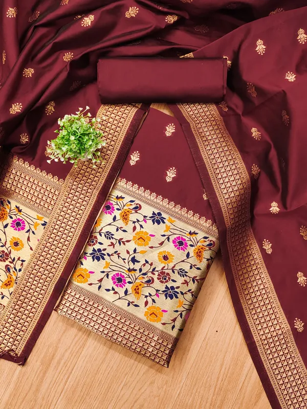 Maroon_Soft_Litchi_Banarasi_Silk_Weaving_Unstitched_Kurta_Set_For_Women
