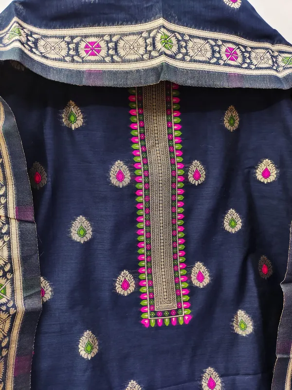 Navy_Blue_Chanderi_Banarasi_Cotton_Weaving_Unstitched_Kurta_Set_For_Women