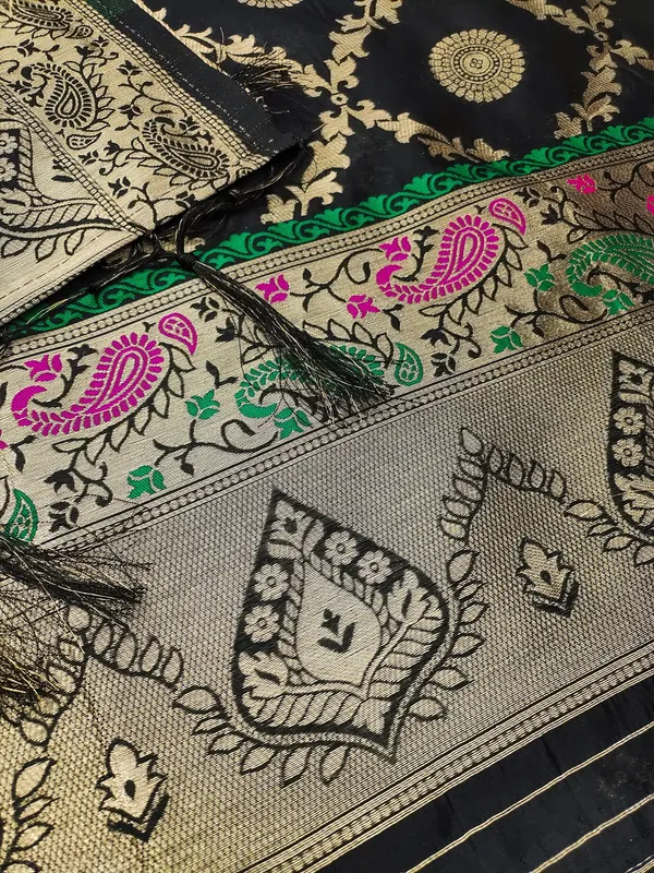 Black_Soft_Litchi_Banarasi_Silk_Weaving_Unstitched_Kurta_Set_For_Women