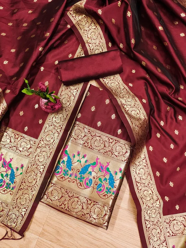 Maroon_Soft_Litchi_Banarasi_Silk_Weaving_Unstitched_Kurta_Set_For_Women