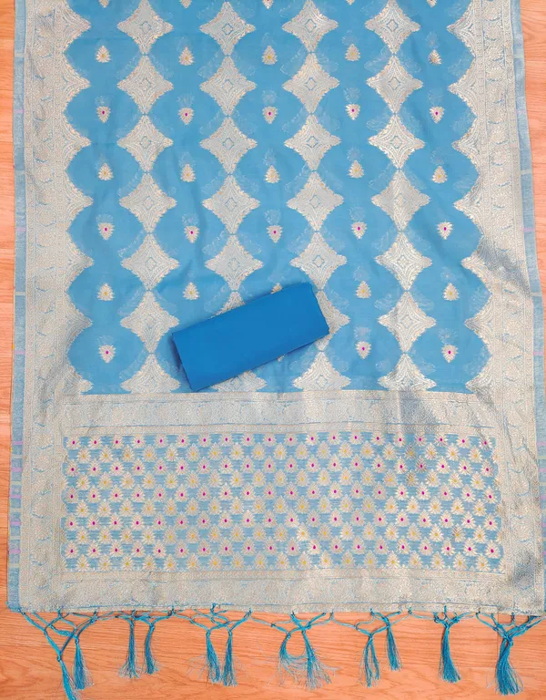 Sky_Blue_Chanderi_Banarasi_Cotton_Weaving_Unstitched_Kurta_Set_For_Women
