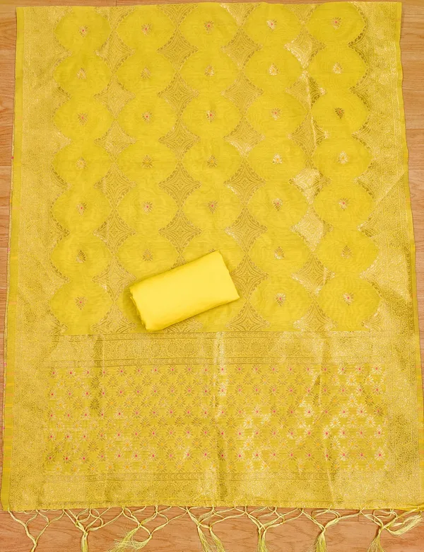 Yellow_Chanderi_Banarasi_Cotton_Weaving_Unstitched_Kurta_Set_For_Women