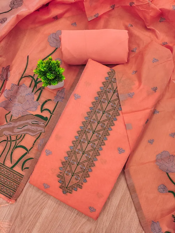 Peach_Muga_Banarasi_Cotton_Weaving_Unstitched_Kurta_Set_For_Women