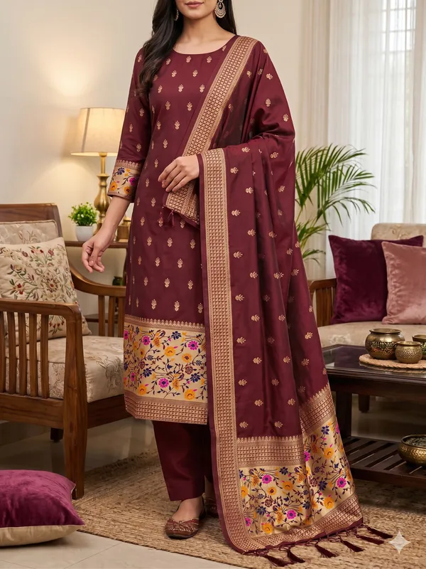 Maroon_Soft_Litchi_Banarasi_Silk_Weaving_Unstitched_Kurta_Set_For_Women