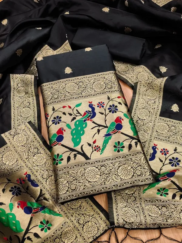 Black_Soft_Litchi_Banarasi_Silk_Weaving_Unstitched_Kurta_Set_For_Women