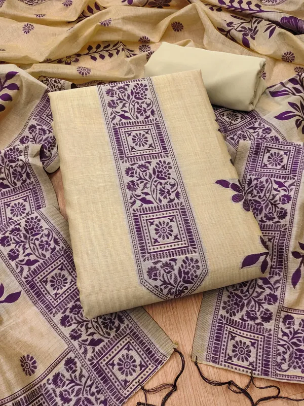 Cream_Jamdani_Banarasi_Cotton_Weaving_Unstitched_Kurta_Set_For_Women