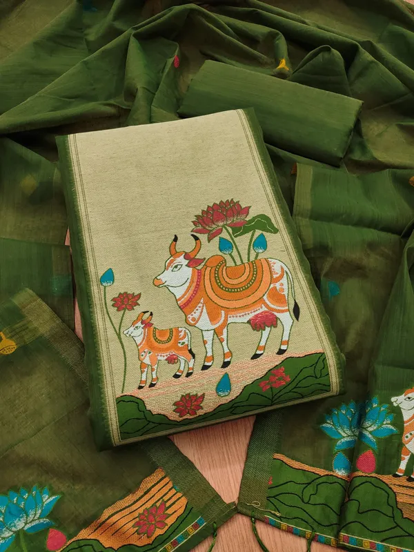 Mehendi_Jamdani_Banarasi_Cotton_Weaving_Unstitched_Kurta_Set_For_Women