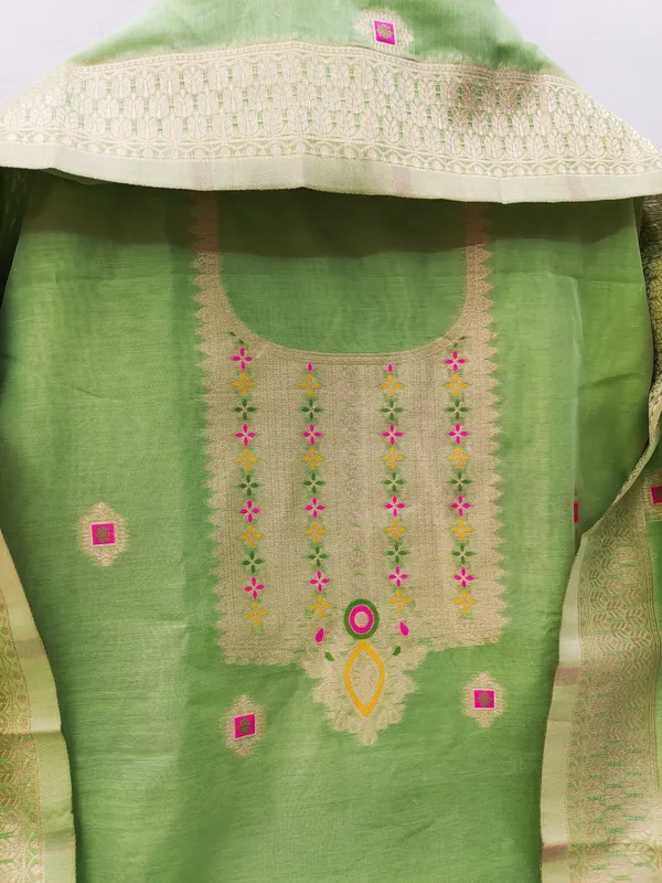 Pista_Chanderi_Banarasi_Cotton_Weaving_Unstitched_Kurta_Set_For_Women