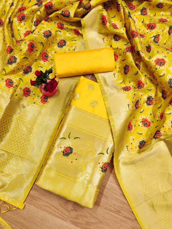 Yellow_Soft_Litchi_Banarasi_Silk_Weaving_Unstitched_Kurta_Set_For_Women