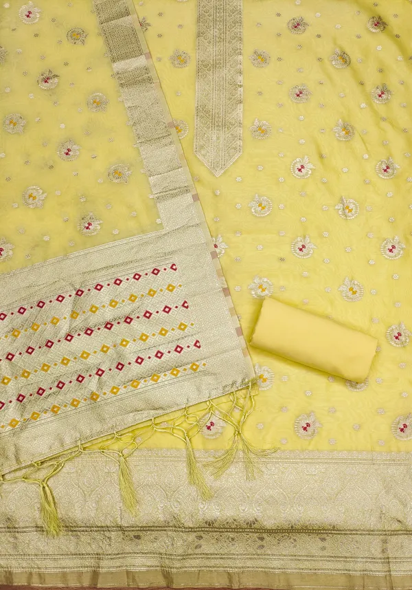 Yellow_Organza_Banarasi_Silk_Weaving_Unstitched_Kurta_Set_For_Women