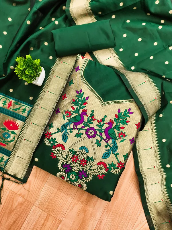 Green_Soft_Litchi_Banarasi_Silk_Weaving_Unstitched_Kurta_Set_For_Women