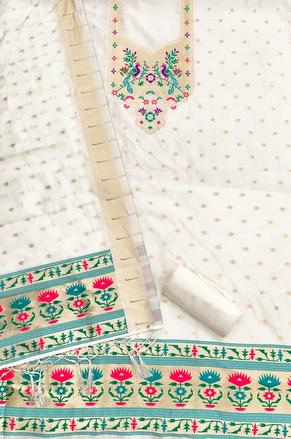 White_Soft_Litchi_Banarasi_Silk_Weaving_Unstitched_Kurta_Set_For_Women