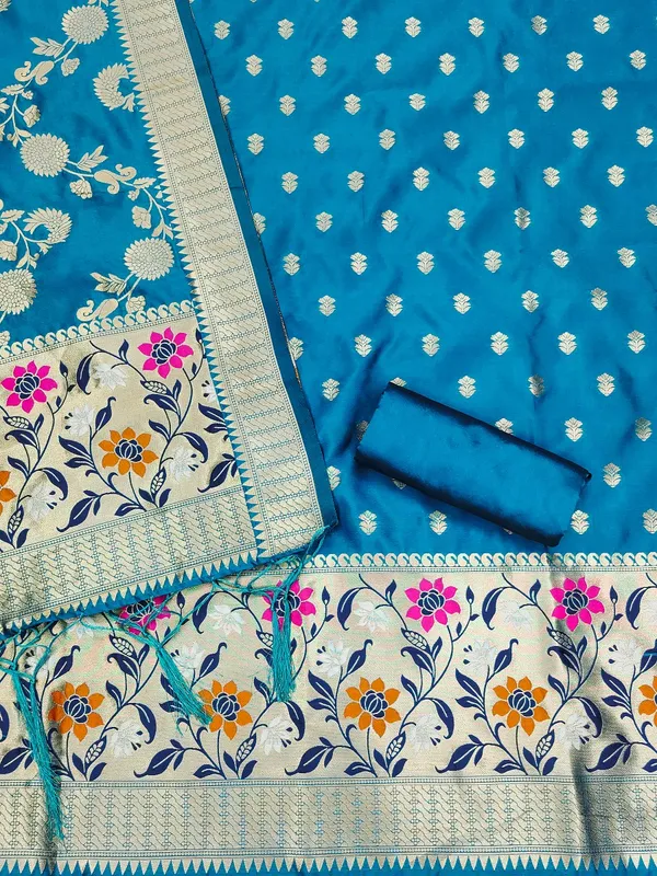 Blue_Soft_Litchi_Banarasi_Silk_Weaving_Unstitched_Kurta_Set_For_Women
