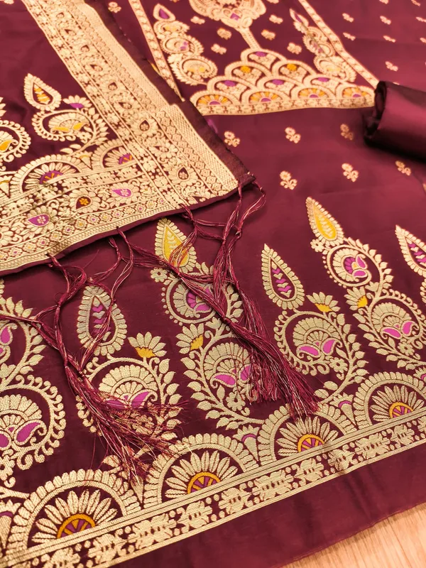 Maroon_Soft_Litchi_Banarasi_Silk_Weaving_Unstitched_Kurta_Set_For_Women