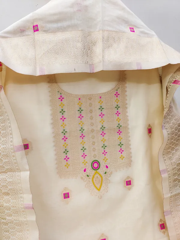 White_Chanderi_Banarasi_Cotton_Weaving_Unstitched_Kurta_Set_For_Women