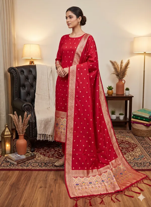 Red_Soft_Litchi_Banarasi_Silk_Weaving_Unstitched_Kurta_Set_For_Women