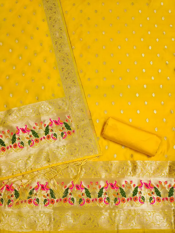 Yellow_Soft_Litchi_Banarasi_Silk_Weaving_Unstitched_Kurta_Set_For_Women