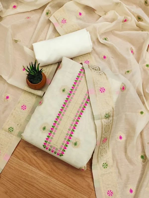 White_Chanderi_Banarasi_Cotton_Weaving_Unstitched_Kurta_Set_For_Women