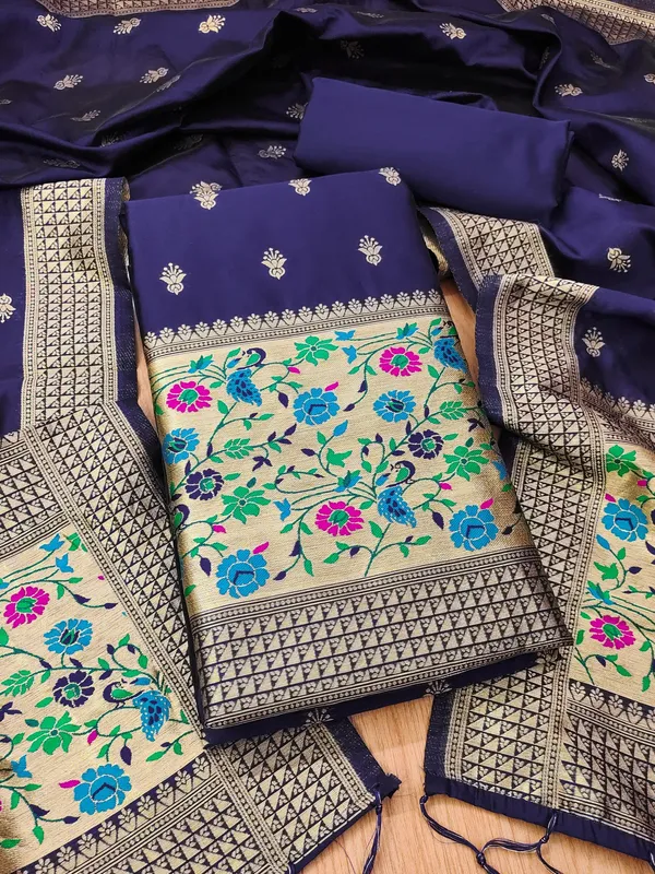 Navy_Blue_Soft_Litchi_Banarasi_Silk_Weaving_Unstitched_Kurta_Set_For_Women